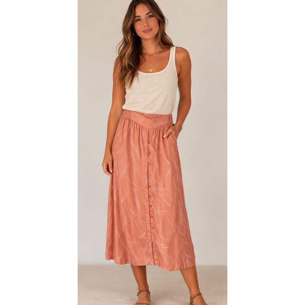 Prana Peach Midi Skirt Womens Boho Button Front Leaf Print Elastic Waist